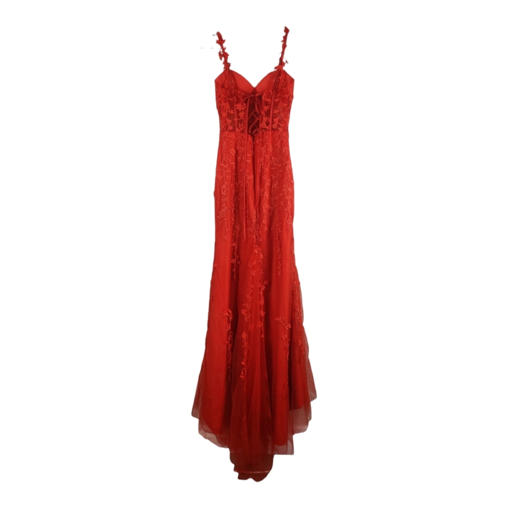 Red Leaf Detail High Slit Trumpet Gown Sz 2 Vamp Bustier Sheer Mesh Maxi Formal - Picture 8 of 13